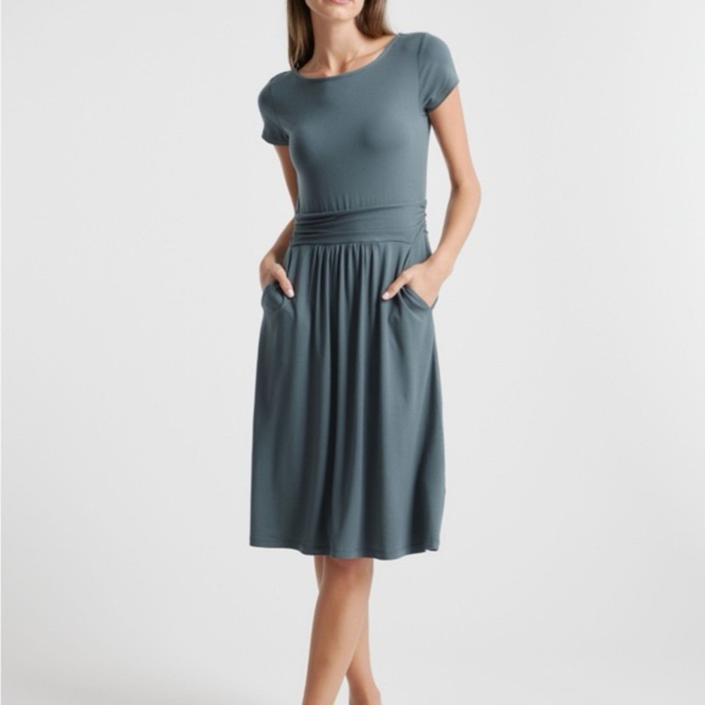 Quince Tencel Jersey Ruched Waist Dress (Dark Olive)
